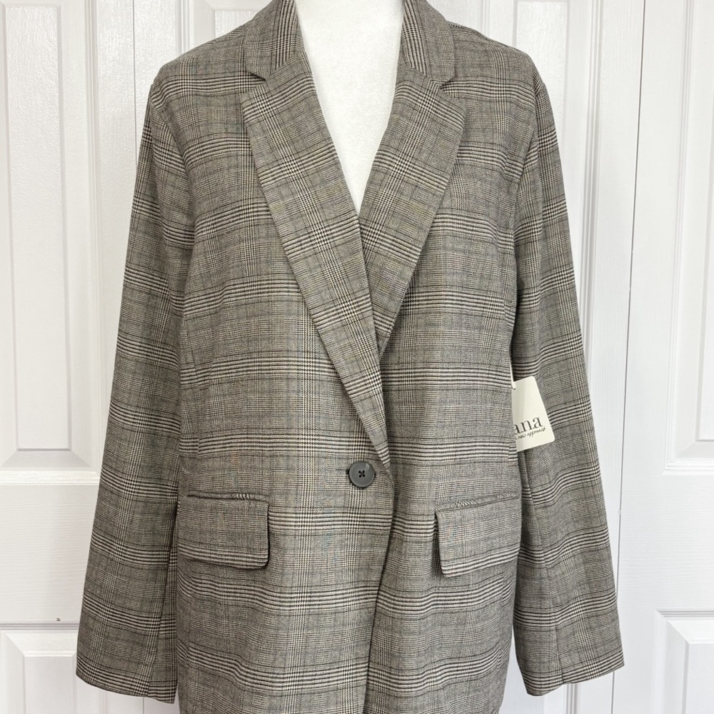 NWT ana Preppy Grey Glen Plaid Print One-Button Long Sleeve Blazer XL